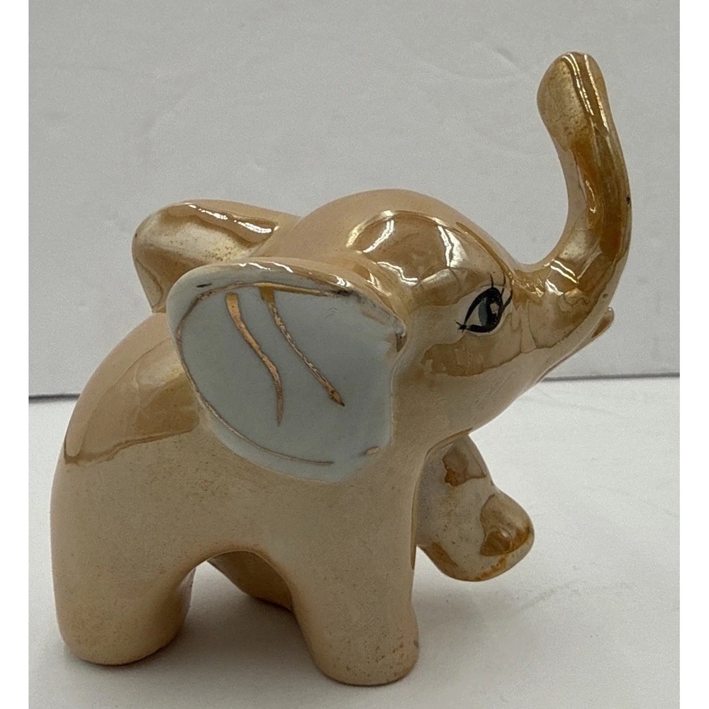 Vintage Peach Ceramic Hand Painted Elephant Figurines Trunk‎ Up Ring Holder